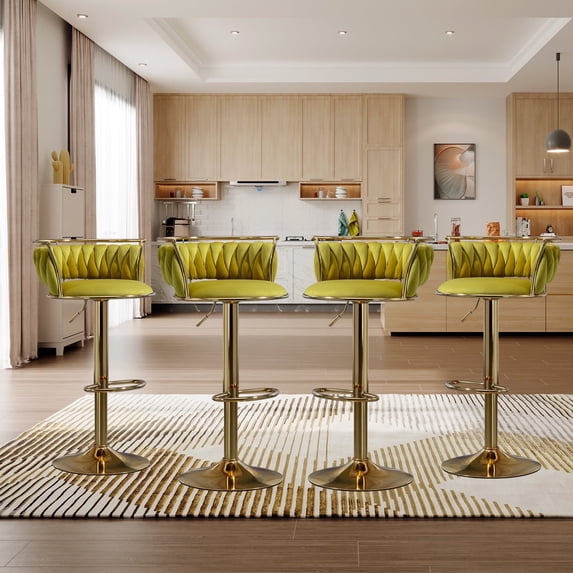 DREAMSIDEA Swivel Bar Stools Set of 4 Modern Velvet Upholstered High Back Adjustable Bar Chairs with Golden Footrest for Kitchen Counter Square Island, Olive Drab