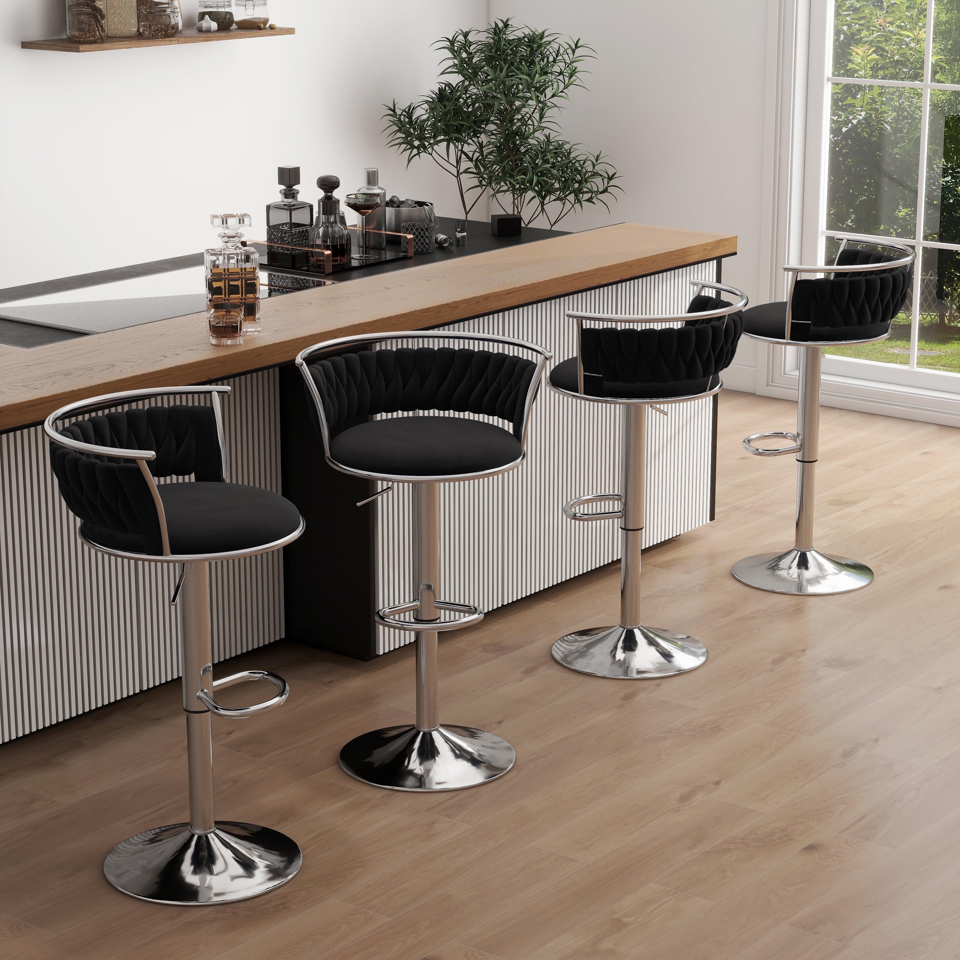 DREAMSIDEA Swivel Bar Stools Set of 4 Modern Velvet Upholstered High Back Adjustable Bar Chairs with Silver Footrest for Kitchen Counter Square Island, Black