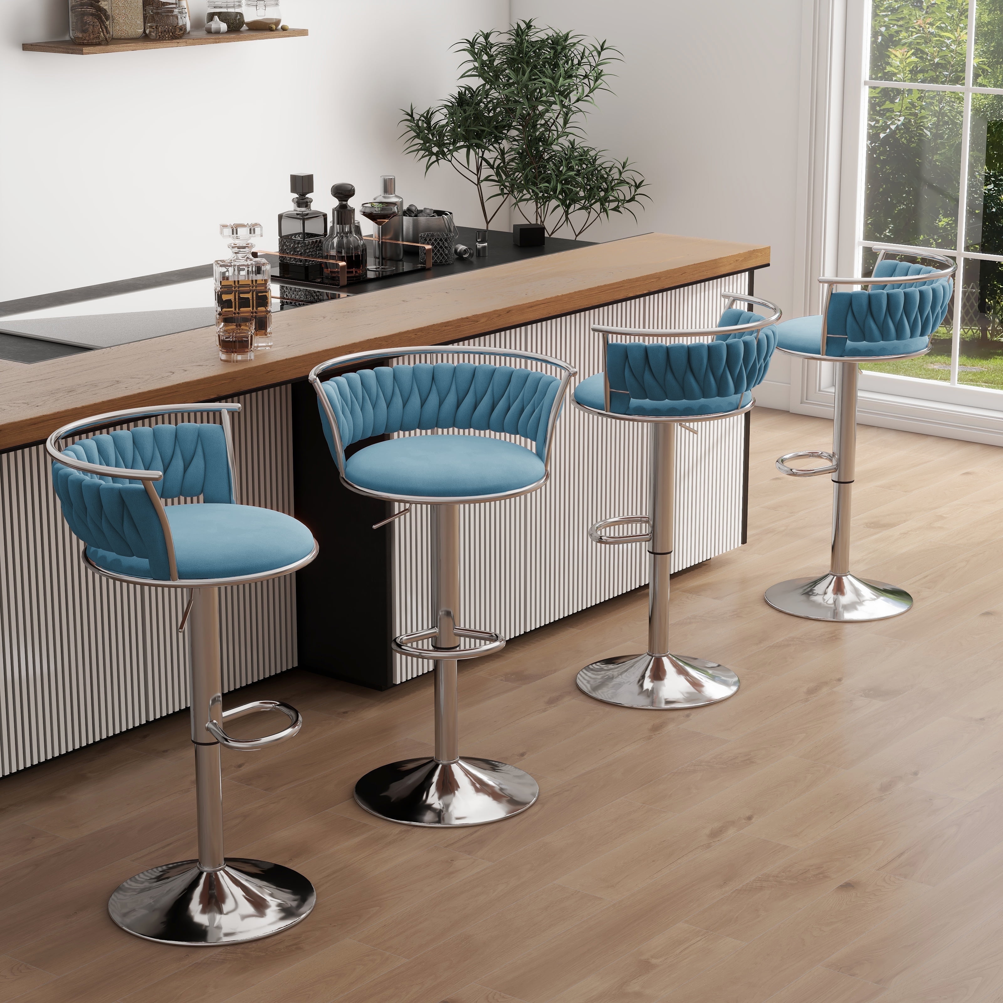 DREAMSIDEA Swivel Bar Stools Set of 4 Modern Velvet Upholstered High Back Adjustable Bar Chairs with Silver Footrest for Kitchen Counter Square Island, Blue