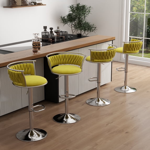DREAMSIDEA Swivel Bar Stools Set of 4 Modern Velvet Upholstered High Back Adjustable Bar Chairs with Silver Footrest for Kitchen Counter Square Island, Olive Drab