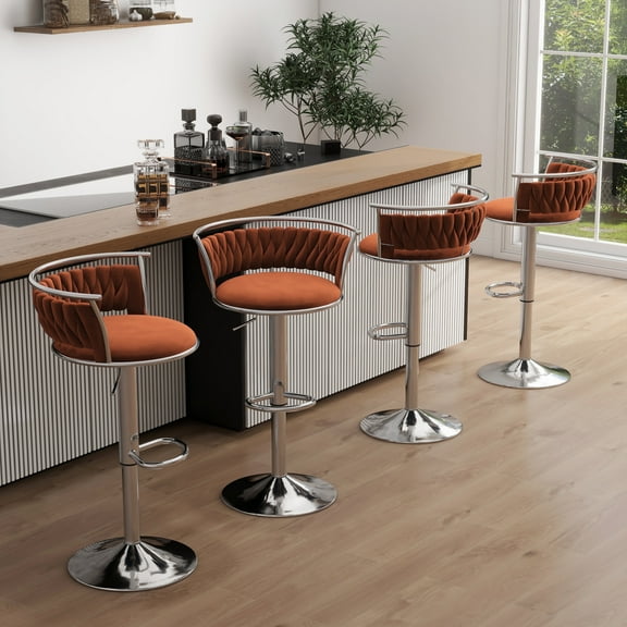 DREAMSIDEA Swivel Bar Stools Set of 4 Modern Velvet Upholstered High Back Adjustable Bar Chairs with Silver Footrest for Kitchen Counter Square Island, Orange