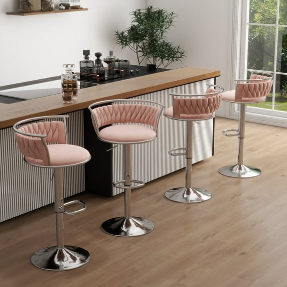 DREAMSIDEA Swivel Bar Stools Set of 4 Modern Velvet Upholstered High Back Adjustable Bar Chairs with Silver Footrest for Kitchen Counter Square Island,Pink