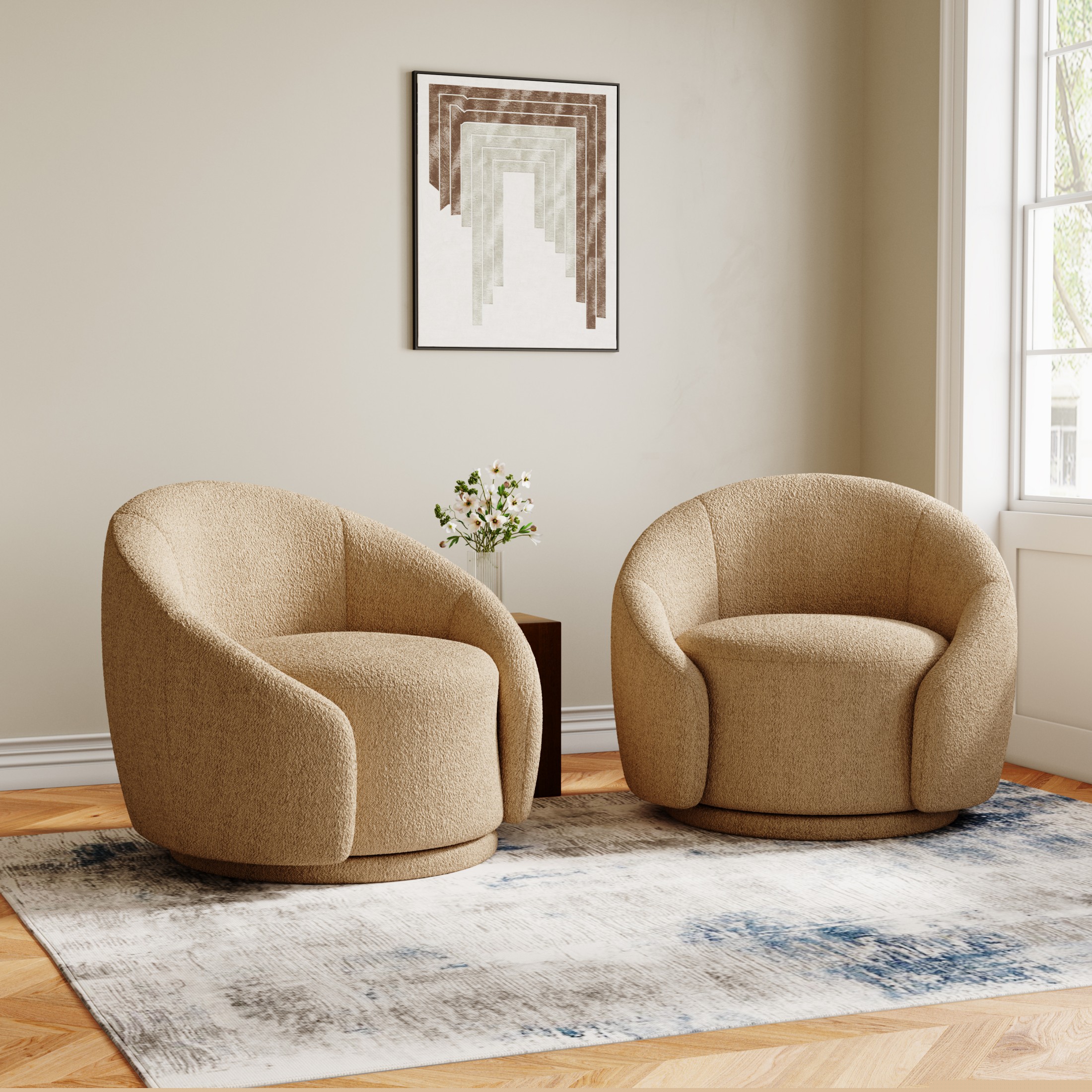 DREAMSIDEA Swivel Barrel Accent Chair Sets of 2, Modern Upholstered Living Room Chair 360°Round Club Armchair-Light Brown/Camel