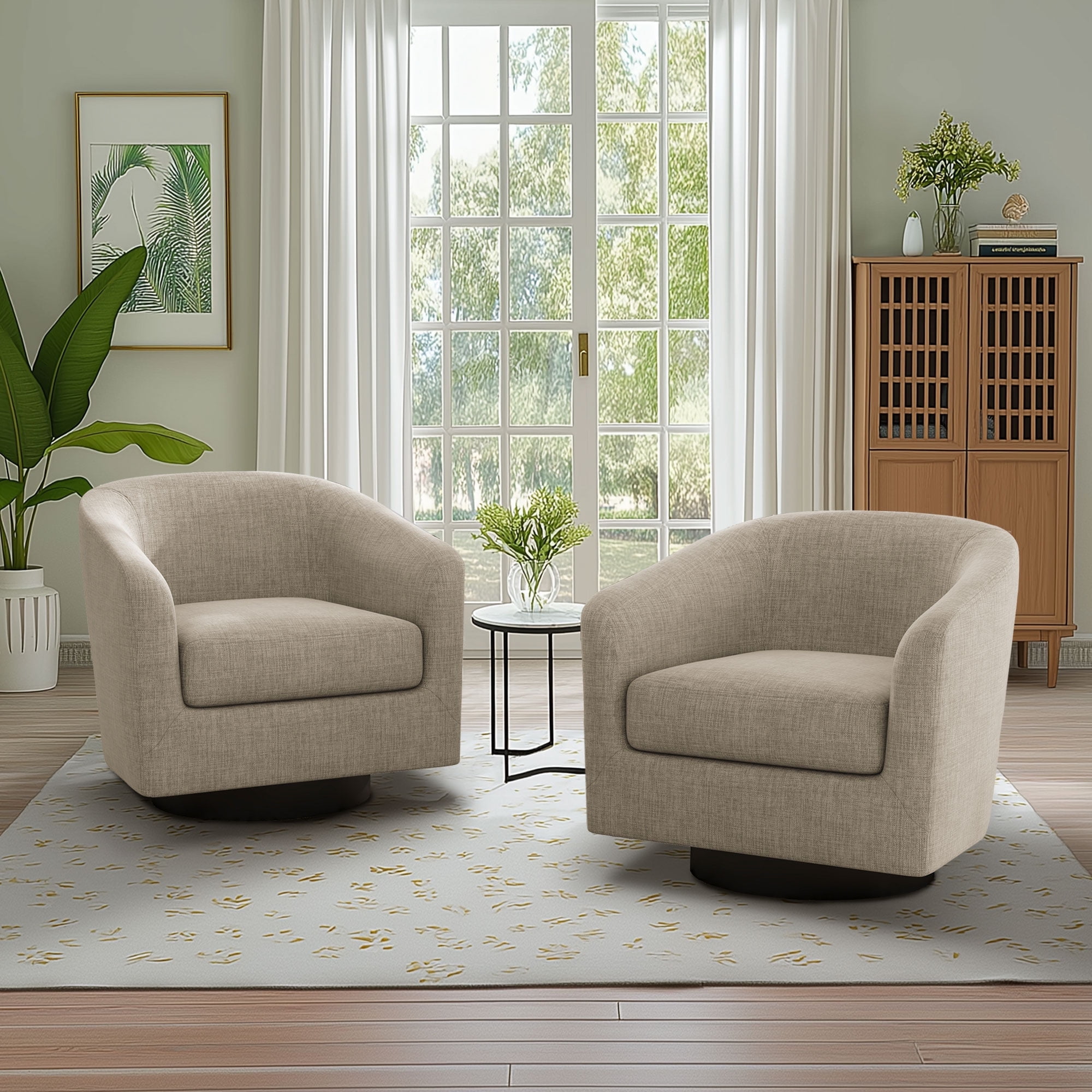 DREAMSIDEA Swivel Barrel Accent Chairs Set of 2, Modern Upholstered Living Room Chair Round Club Armchair-Light Brown