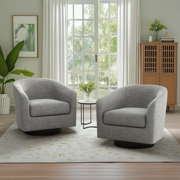 DREAMSIDEA Swivel Barrel Chairs Set of 2, Modern Upholstered Living Room Chair Round Club Armchair-Light Grey