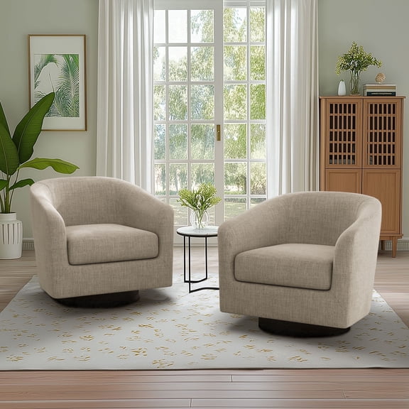 DREAMSIDEA Swivel Barrel Accent Chairs Set of 2, Modern Upholstered Living Room Chair Round Club Chair-Light Brown