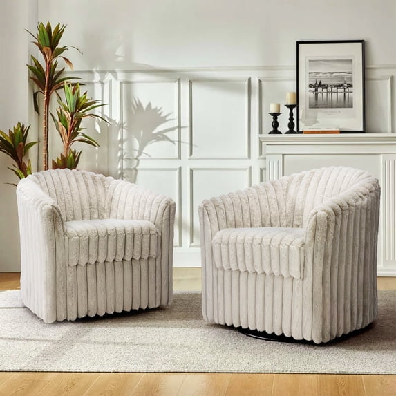 DREAMSIDEA Swivel Curved Accent Chair Set of 2, Faux Fur Swivel Chair for Living Room Gentle Swivel Barrel Sofa Chair,Ivory