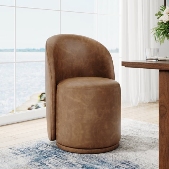 DREAMSIDEA Swivel Dining Chair, Upholstered Barrel Accent Chair for Dining Room & Kitchen Chairs, Morden Round Vanity Chair for Living Room&Bedroom, Faux Leather-Brown