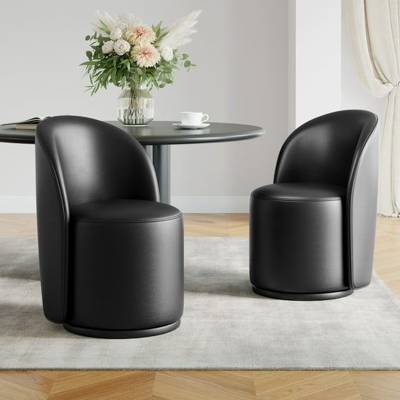 DREAMSIDEA Swivel Dining Chair, Upholstered Barrel Accent Chair for Dining Room & Kitchen Chairs, Morden Round Vanity Chair for Living Room&Bedroom,Set of 2, Faux Leather-Black