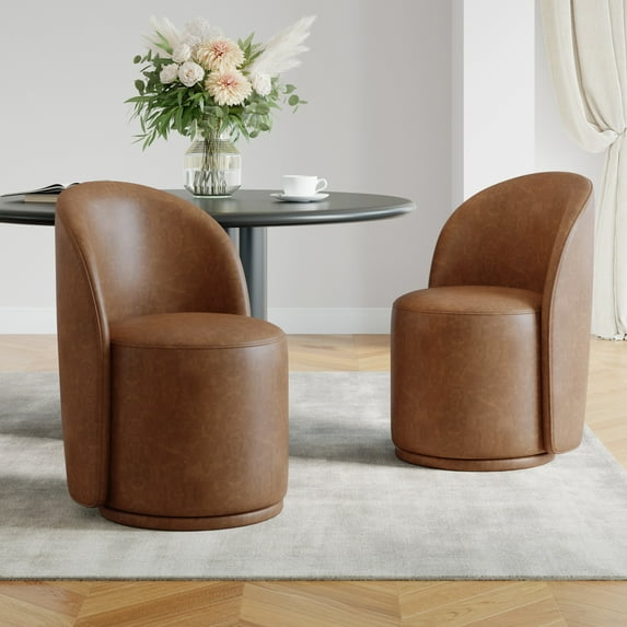 DREAMSIDEA Swivel Dining Chair, Upholstered Barrel Accent Chair for Dining Room & Kitchen Chairs, Morden Round Vanity Chair for Living Room&Bedroom,Set of 2, Faux Leather-Brown