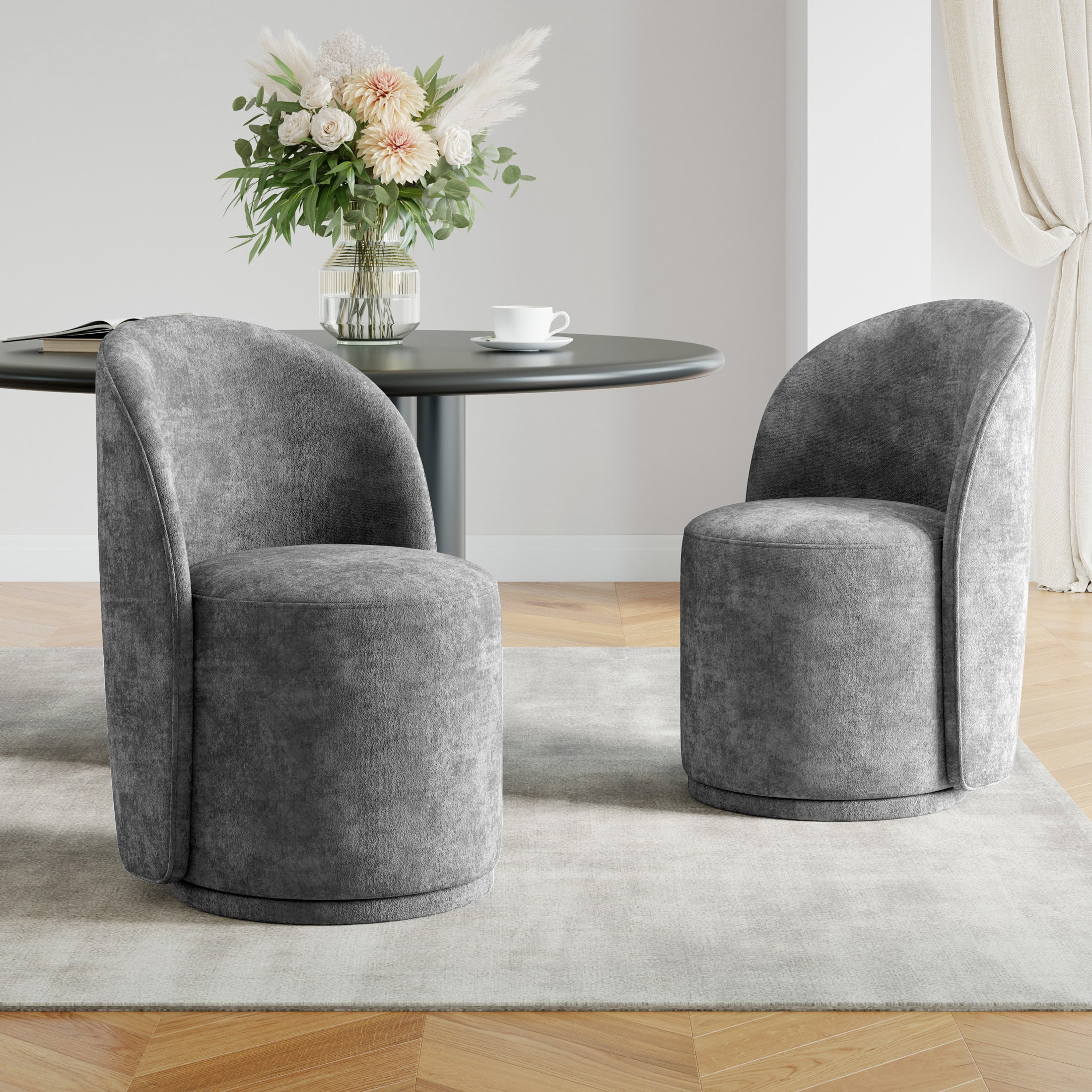 DREAMSIDEA Swivel Dining Chair, Upholstered Barrel Accent Chair for Dining Room & Kitchen Chairs, Morden Round Vanity Chair for Living Room&Bedroom,Set of 2 Linen-Gray