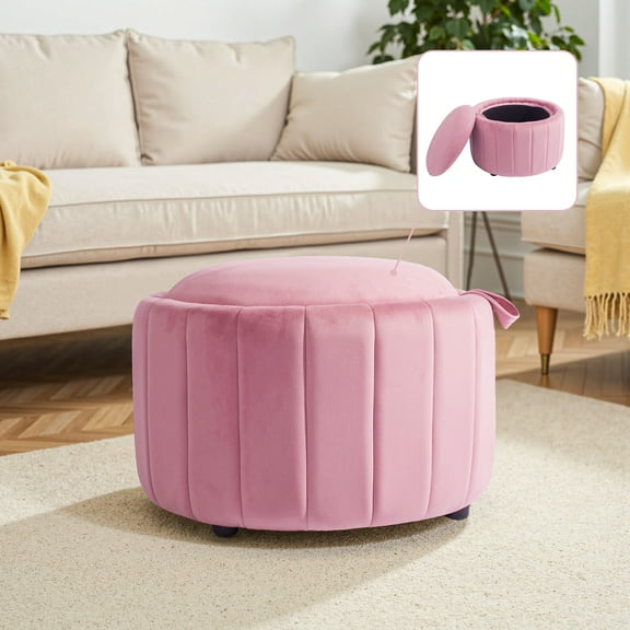 DREAMSIDEA Velvet Upholstered Round Storage Ottoman with Removable Lid Footrest Stool for Living Room, Bedroom, Pink