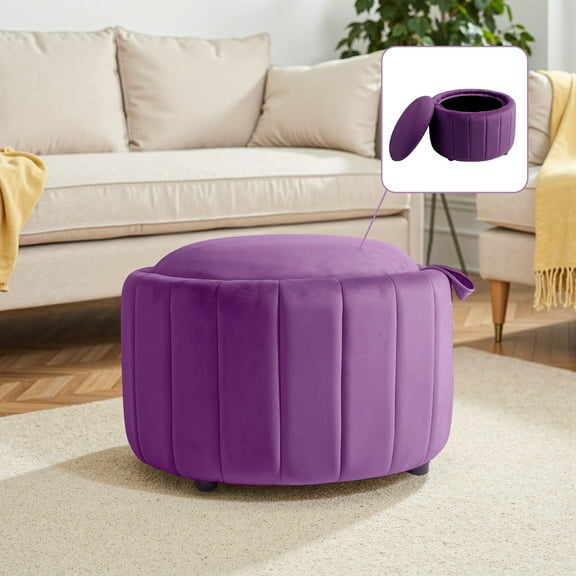 DREAMSIDEA Velvet Upholstered Round Storage Ottoman with Removable Lid Footrest Stool for Living Room, Bedroom, Purple