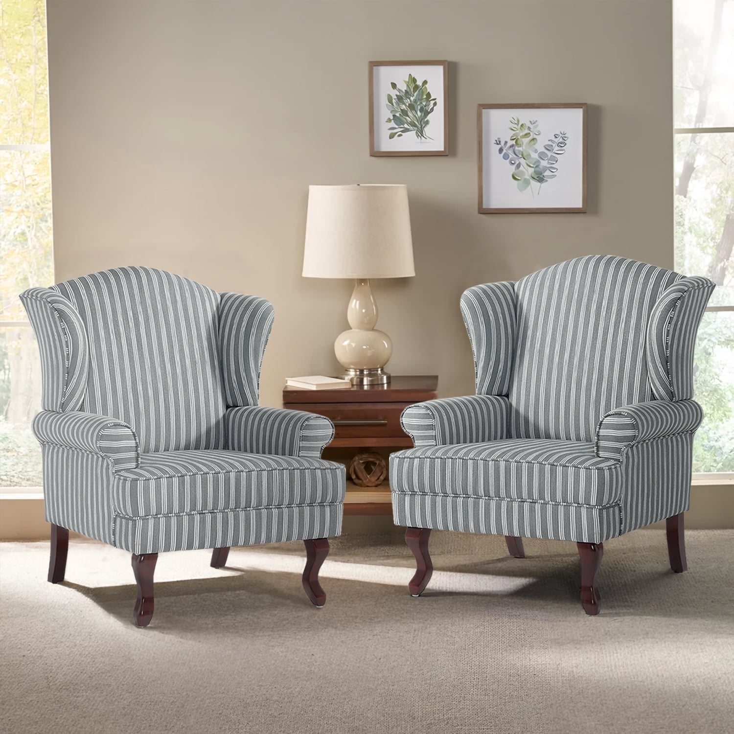 DREAMSIDEA Vintage Striped Accent Armchairs Set of 2, Comfy High Back Wing Chair Corner Chair Reading Chair for Living Room Bedroom Guest Room,Gray and White