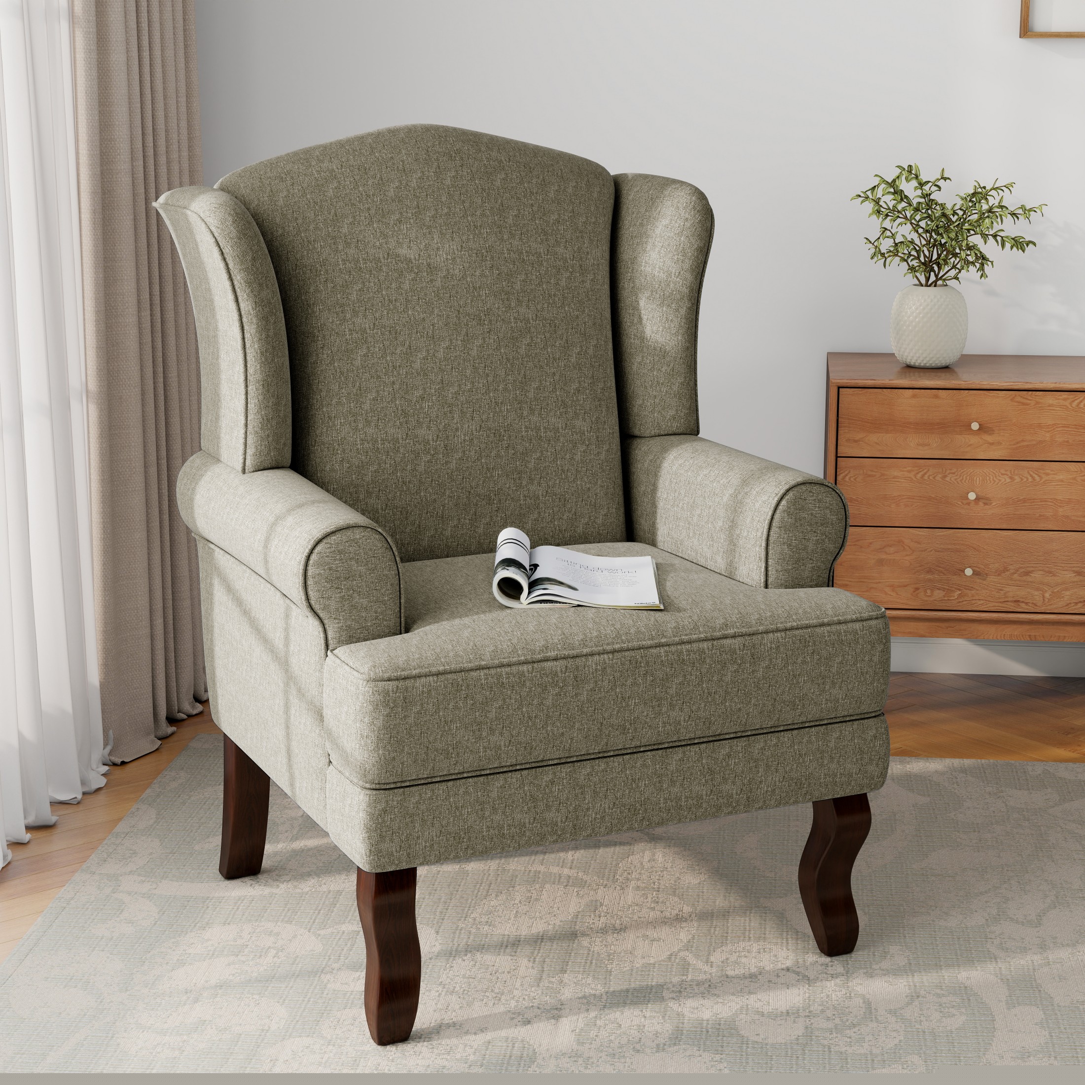 DREAMSIDEA Wingback Accent Chair High Back Accent Armchair for Living Room,Single Upholstered Chairs Reading Chair-Light Camel
