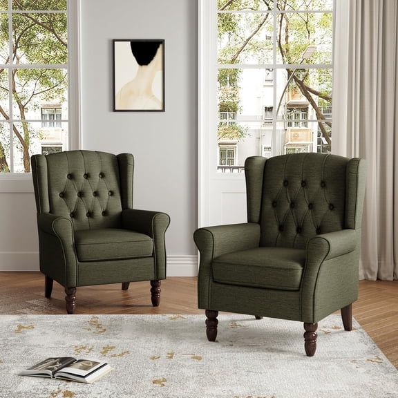 DREAMSIDEA Wingback Accent Chair Set of 2 Upholstered Arm Chair High Back Chair Living Room with Solid Wood Frame, Button-Tufted Green