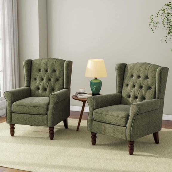 DREAMSIDEA Wingback Accent Chairs Set of 2 Upholstered High Back Chairs Living Room with Solid Wood Frame, Button-Tufted Green