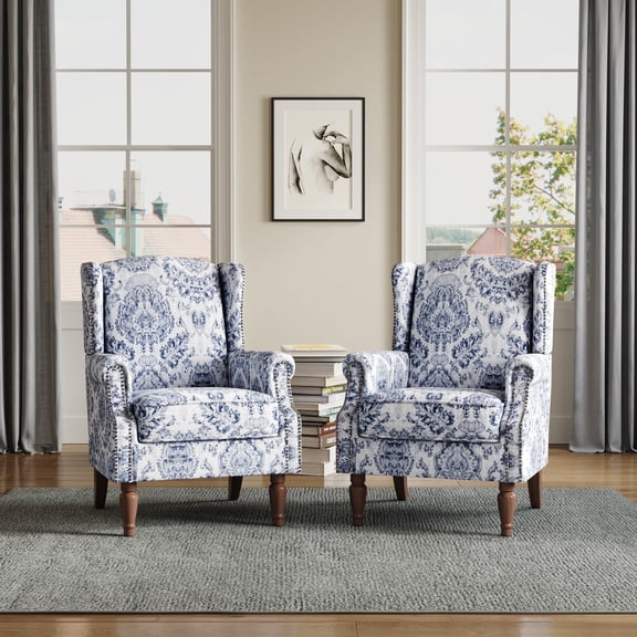 DREAMSIDEA Wingback Accent Chair Sets of 2 for Living Room,Traditional Floral Pattern Armchair with Comfy Upholstered Set-Navy