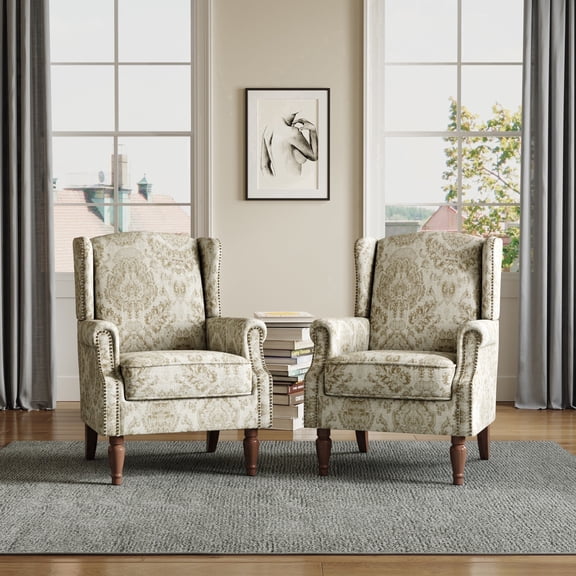 DREAMSIDEA Wingback Accent Chair Sets of 2 for Living Room,Traditional Floral Pattern Armchair with Comfy Upholstered Set-White