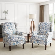 DREAMSIDEA Wingback Accent Chair Sets of 2 with Nailhead Trim & Retro Wood Legs, Floral Pattern Arm Chair for Living Room-light Blue