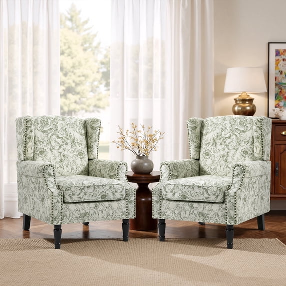 DREAMSIDEA Wingback Accent Chair Sets of 2 with Nailhead Trim & Retro Wood Legs,Morden ArmChair for Living Room-Rococo Green