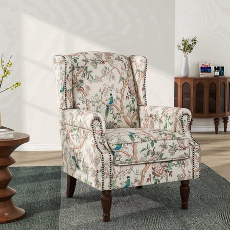 DREAMSIDEA Wingback Accent Chair with Nailhead Trim & Retro Wood Legs, Bird Pattern Arm Chair for Living Room-Beige