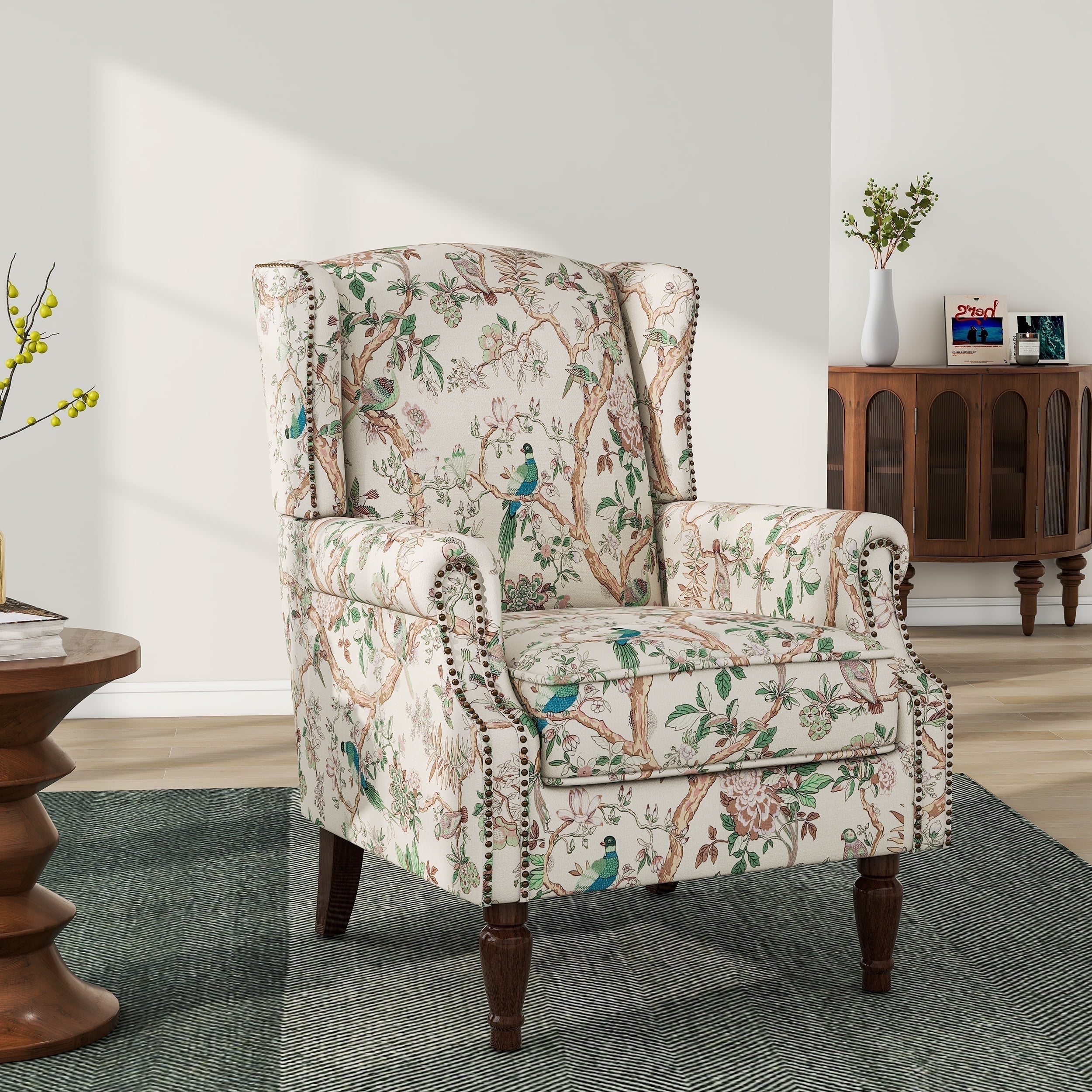 DREAMSIDEA Wingback Accent Chair with Nailhead Trim & Retro Wood Legs, Bird Pattern Arm Chair for Living Room-Beige