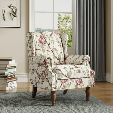 DREAMSIDEA Wingback Accent Chair with Nailhead Trim & Retro Wood Legs, Floral Pattern Arm Chair for Living Room-Beige