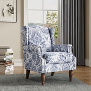 DREAMSIDEA Wingback Accent Chair with Nailhead Trim & Retro Wood Legs, Floral Pattern Arm Chair for Living Room-Navy