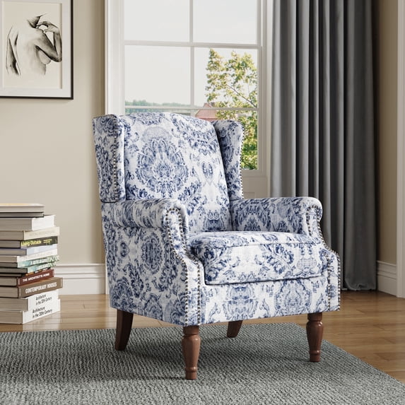 DREAMSIDEA Wingback Accent Chair with Nailhead Trim & Retro Wood Legs, Floral Pattern Arm Chair for Living Room-Navy