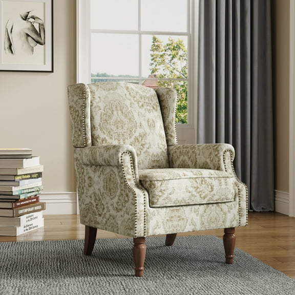 DREAMSIDEA Wingback Accent Chair with Nailhead Trim & Retro Wood Legs, Floral Pattern Arm Chair for Living Room-White