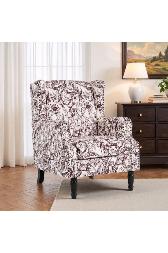 Wingback Accent Chair with Nailhead Trim & Retro Wood Legs,Morden ArmChair for Living Room-Rococo Plum