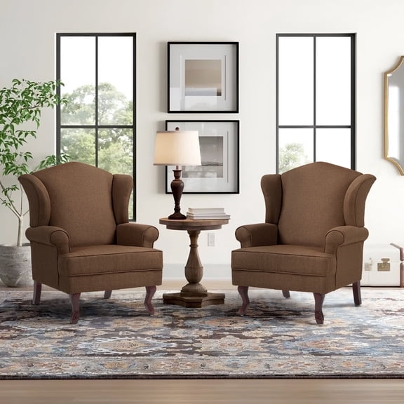 DREAMSIDEA Wingback Accent Chairs Set of 2 for Living Room High Back Accent Armchair with Retro Wood Legs,Single Upholstered Chairs Reading Chair-Solid Brown