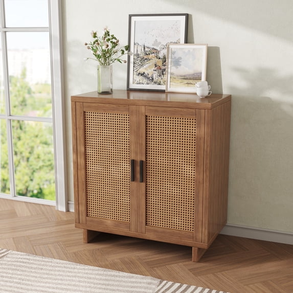 DREAMSIDEA Wood Sideboard Buffet Cabinet with Storage, Walnut Boho-Style Rattan Accent Cabinet Console Table Storage Cabinet for Dining Room, Living Room, Kitchen, Hallway, Entryway