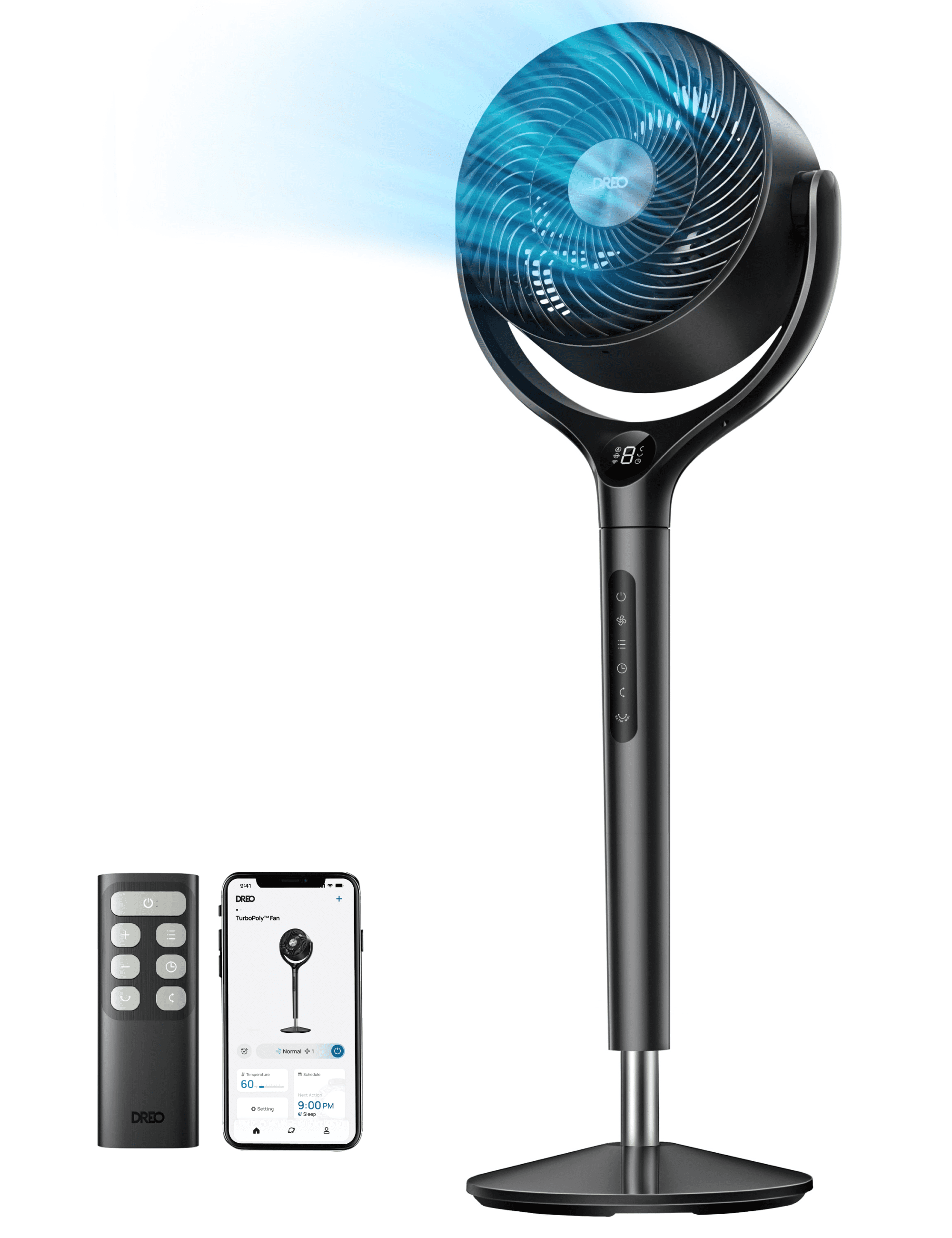 DREO Smart 9-Inch 3D Oscillating Pedestal Fan with Wi-Fi, Alexa/Google Compatible, Adjustable Height, Remote, Grey