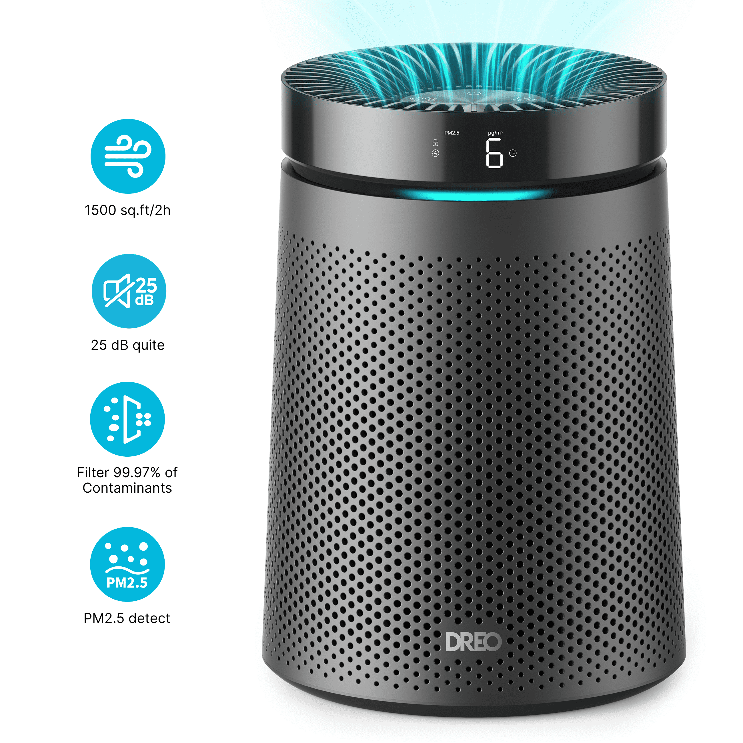 DREO True HEPA Air Purifier for Rooms Up to 1500 Sq.Ft, 3-in-1 Filter for Allergies & Asthma, PM2.5 Display, Sleep Mode 25 dB