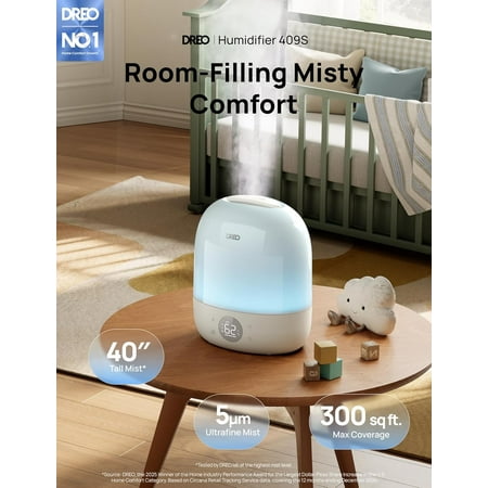 DREO Humidifiers for Bedroom - 30H Max Runtime & RGB Night Light & Sleep Trainer, Ultra Quiet 28dB Cool Mist Humidifier, Top Fill Smart Air Humidifier for Plants, Perfect for Baby & Nursery, HM409S