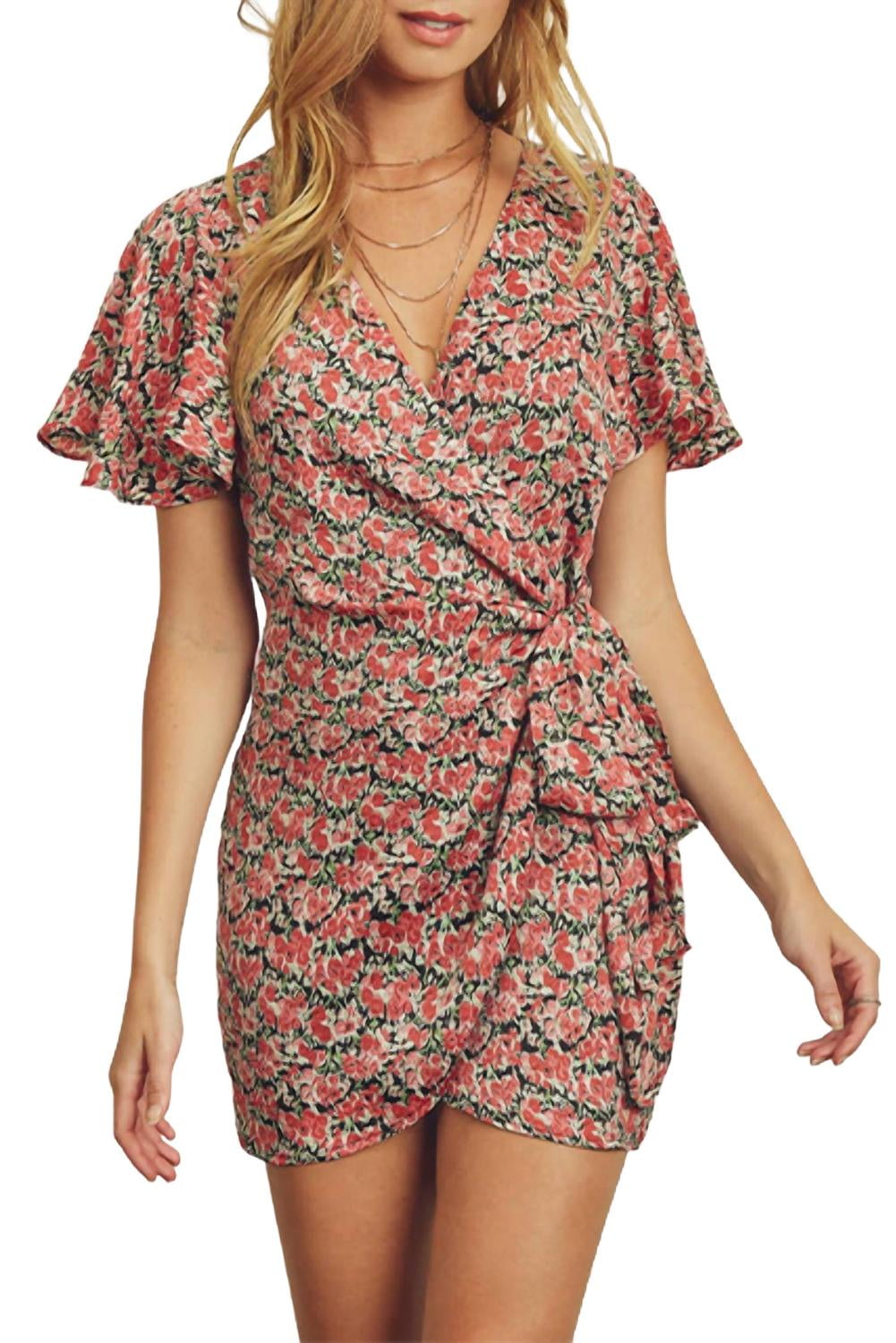 Dress Forum Floral-Print Satin Wrap Mini Dress - Walmart.com
