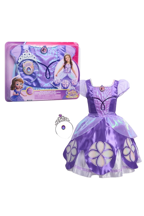 Disney Jr. Sofia the First Royal Magic Dress-Up Set, Kids Dress-Up and Pretend Play Costume with Sofia Dress, Tiara, and Collectible Charm, Walmart Exclusive