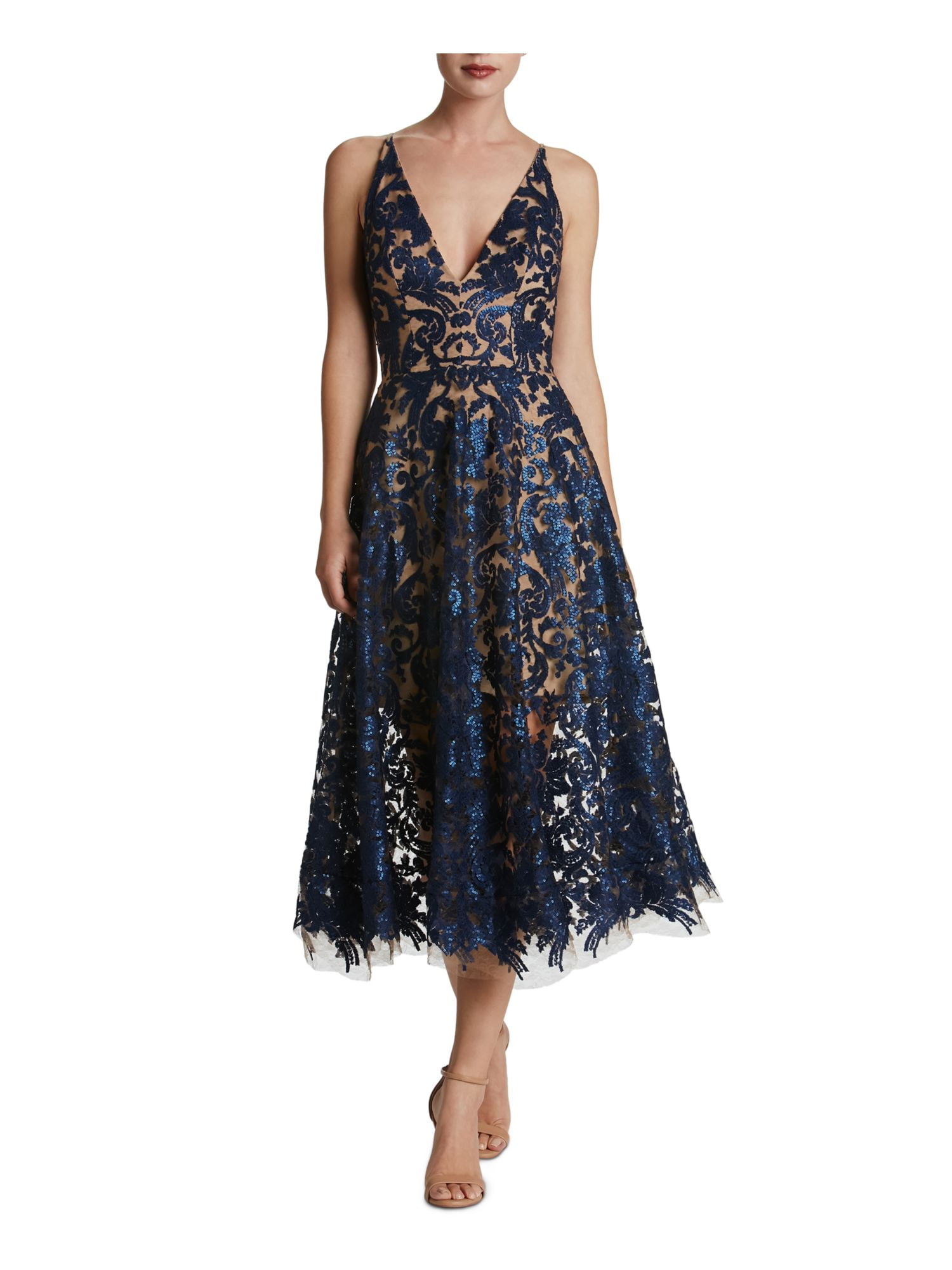 DRESS THE POPULATION Womens Navy Zippered Sheer Lined