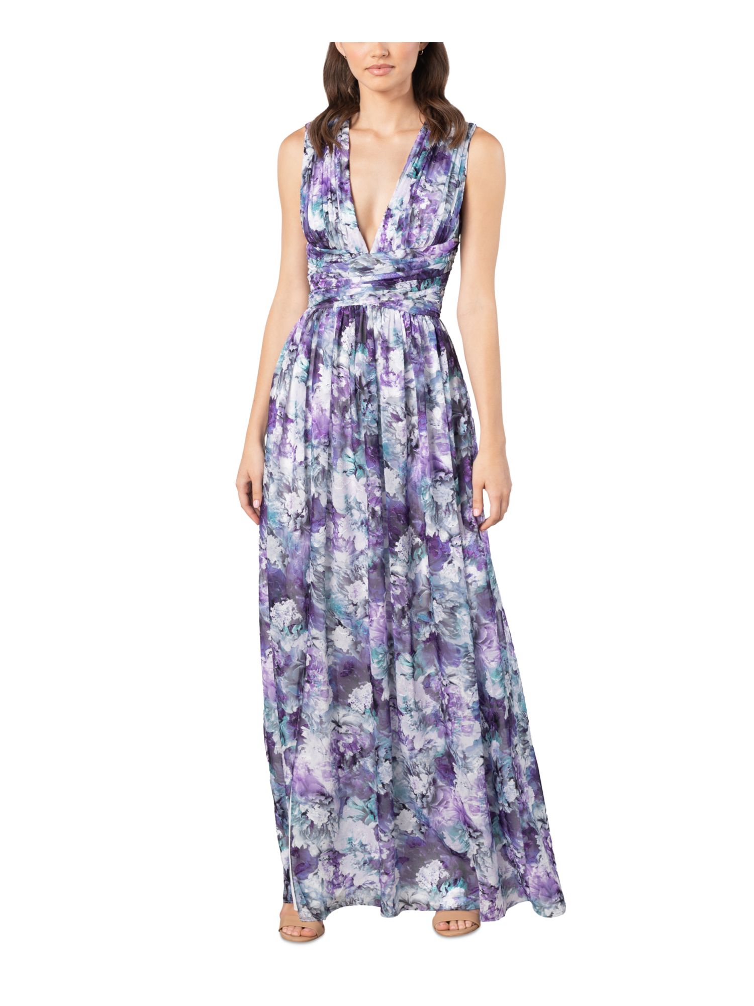 DRESS THE POPULATION Womens Purple Ruched Zippered Sheer Lined Floral Sleeveless V Neck Full Length Evening Gown Dress XXL Walmart