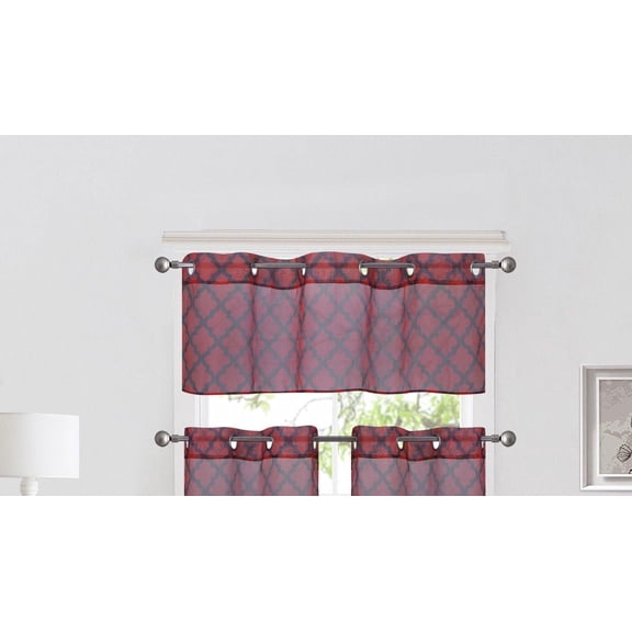 DRESSING YOUR WINDOW 1PC VALANCE S38 GEOMETRIC TRELLIS MOROCCO RED/BLACK SHEER SEE THRU GROMMEST TOP CURTAIN TALOIRED KITCHEN ,NURSERY,BATHROOM, WEDDING SIZE 52" WIDE X 18" LENGTH