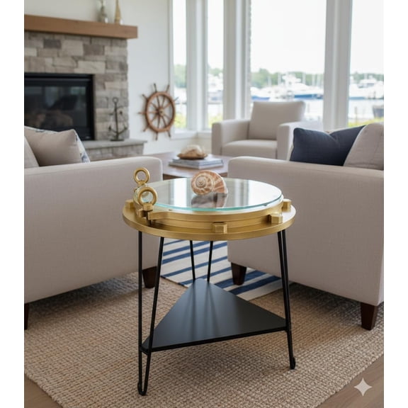 DRH - Nautical Wood Ship Porthole Table - Gold Color with Black Metal Legs - Round Accent Table for Beach House and Boats - Coastal Theme - Perfect as Coffee Table and End Table