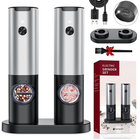 DRIDOUAM Rechargeable Electric Salt and Pepper Grinder Set with Charging Base, No Battery Needed, One Handed Operation, White Light, Adjustable Coarseness Automatic Electronic Spice Mill Shakers
