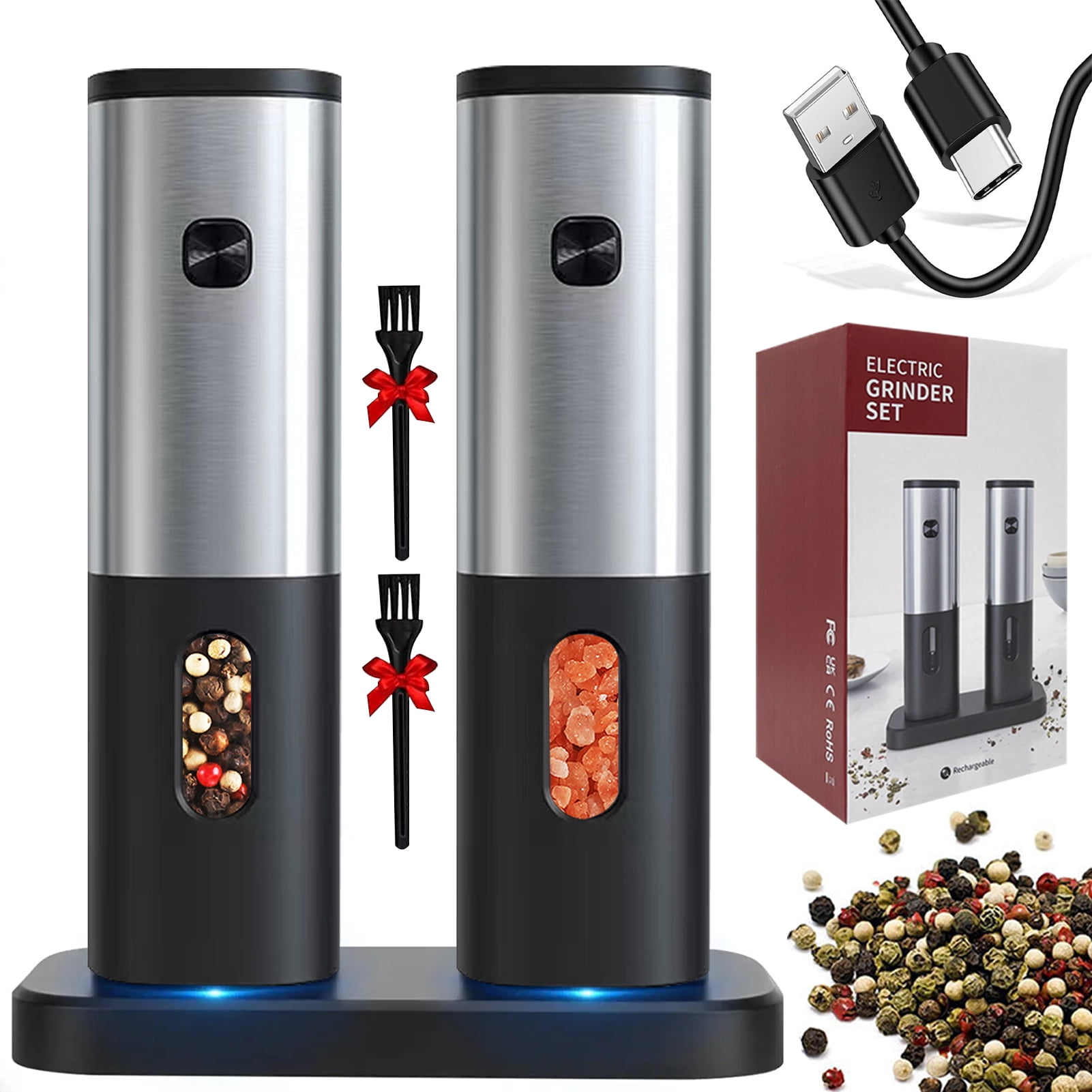 Rechargeable Electric Salt And Pepper Grinder Set - Top-Refill, Adjustable Coarseness, 110ml Capacity, With LED Light - View #2