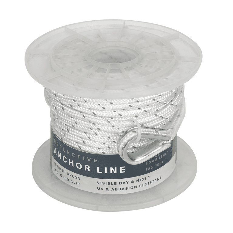 DRIFT 1/4 x 100' Braided Nylon Reflective Boat Anchor Line with Clip