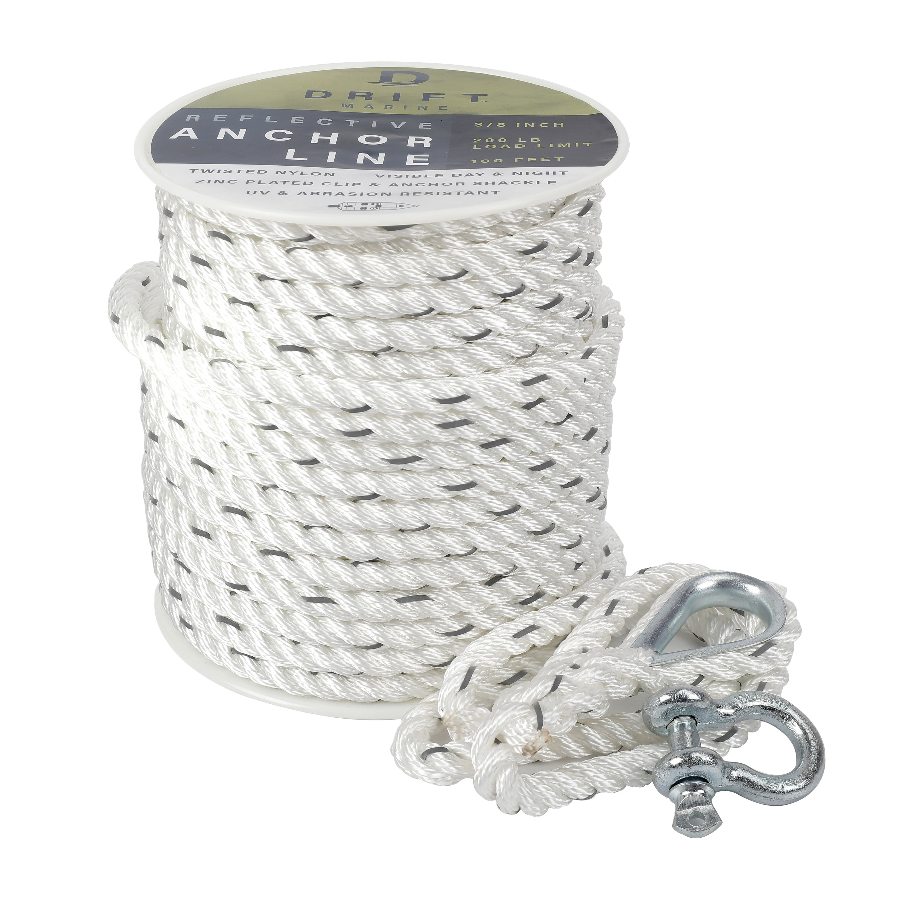 Drift 3/8 x 100 Twisted Nylon Reflective Anchor Line with Shackle, White and Silver, Size: 100