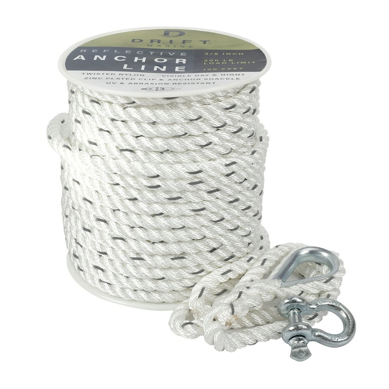 DRIFT 3/8” x 100’ Twisted Nylon Reflective Anchor Line with Shackle, White  and Silver