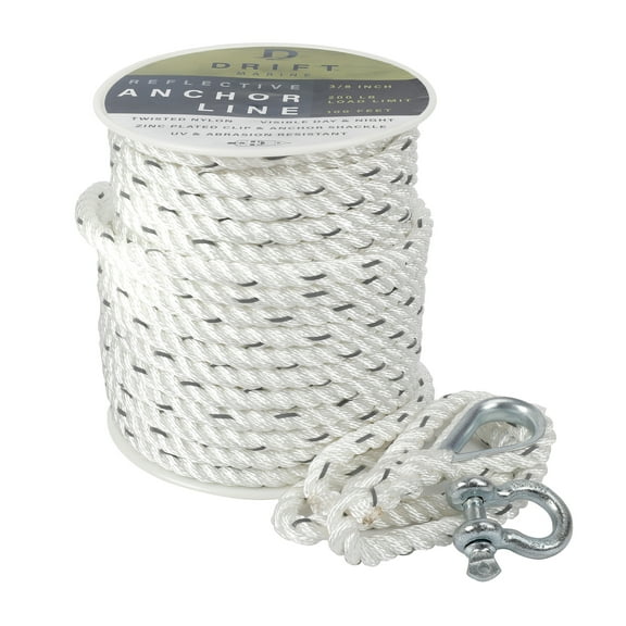 D DRIFT ALL THINGS WATER 3/8 x 100 Twisted Nylon Reflective Anchor Line with Shackle, White and Silver