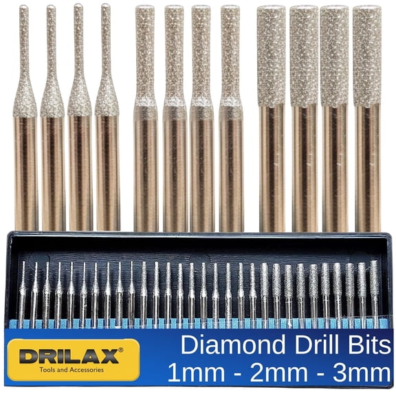 DRILAX Diamond Drill Bit Set, Cylindrical Burr Kit for Jewelry, Beach Glass, Shells, Gemstones, 30-Piece, 1mm, 2mm, 3mm